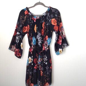 Black Floral Pleated Off Shoulder Chiffon Bell Sleeve Dress